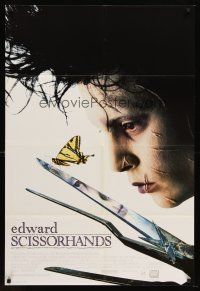 5f064 EDWARD SCISSORHANDS int'l DS 1sh '90 Tim Burton classic, scarred Johnny Depp with butterfly!