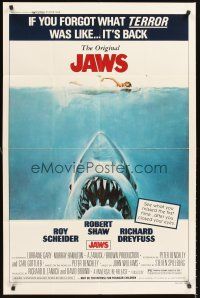 5f506 JAWS 1sh R79 art of Steven Spielberg's classic man-eating shark attacking sexy swimmer!