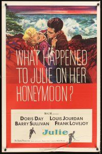 5f512 JULIE 1sh '56 what happened to Doris Day on her honeymoon with Louis Jourdan?