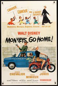 5f614 MONKEYS GO HOME 1sh '67 Disney, art of Maurice Chevalier, Yvette Mimieux & apes!