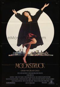 5f619 MOONSTRUCK 1sh '87 Nicholas Cage, Olympia Dukakis, Cher in front of NYC skyline!