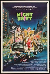 5f650 NIGHT SHIFT 1sh '82 Michael Keaton, Henry Winkler, sexy girls in hearse art by Mike Hobson!