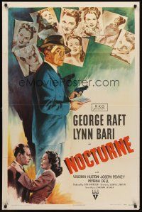 5f656 NOCTURNE 1sh '46 George Raft & Lynn Bari, cool film noir art, Hollywood glamor murder!