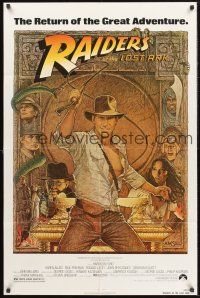 5f731 RAIDERS OF THE LOST ARK 1sh R82 great art of adventurer Harrison Ford by Richard Amsel!