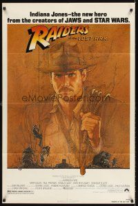 5f730 RAIDERS OF THE LOST ARK 1sh '81 great art of adventurer Harrison Ford by Richard Amsel!