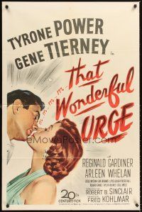 5f900 THAT WONDERFUL URGE 1sh '49 artwork of Tyrone Power about to kiss sexy Gene Tierney!