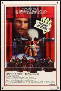 5f901 THEATRE OF BLOOD 1sh '73 great art of Vincent Price holding bloody skull w/dead audience!