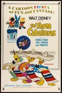 5f913 THREE CABALLEROS 1sh R77 great artwork of Donald Duck, Panchito & Joe Carioca!