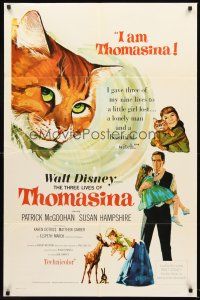 5f914 THREE LIVES OF THOMASINA 1sh '64 Walt Disney, great art of smiling cat!