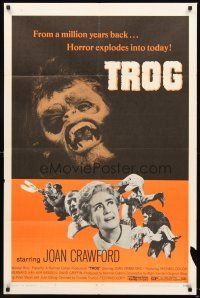 5f940 TROG 1sh '70 Joan Crawford & prehistoric monsters, wacky horror explodes into today!