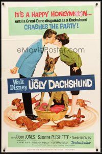 5f946 UGLY DACHSHUND 1sh '66 Walt Disney, great art of Great Dane with wiener dogs!