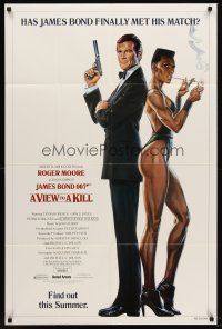 5f955 VIEW TO A KILL advance 1sh '85 art of Roger Moore James Bond & smoking Grace Jones by Goozee!