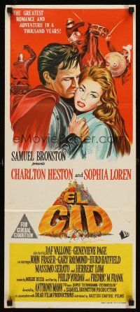 5g473 EL CID Aust daybill '61 stone litho of Charlton Heston in armor with sexy Sophia Loren!