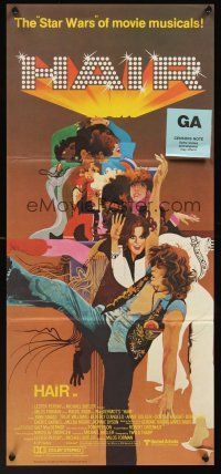 5g513 HAIR Aust daybill '79 Milos Forman, Treat Williams, musical, great Bob Peak artwork!