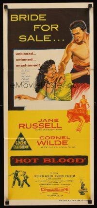 5g526 HOT BLOOD Aust daybill '56 barechested Cornel Wilde grabs sexy Jane Russell, Nicholas Ray