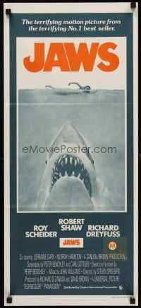 5g539 JAWS Aust daybill R70s art of Steven Spielberg's classic man-eating shark attacking swimmer!