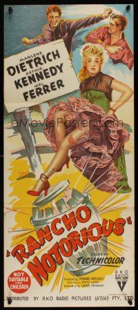 5g589 RANCHO NOTORIOUS Aust daybill '52 Fritz Lang, stone litho of Marlene Dietrich showing leg!