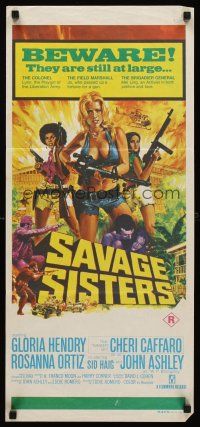 5g607 SAVAGE SISTERS Aust daybill '74 great image of Cheri Caffaro & bad girls with big guns!