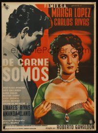 5g042 DE CARNE SOMOS Mexican poster '55 artwork of sexy Marga Lopez pulling her shirt open!