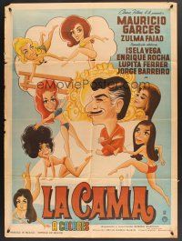 5g075 LA CAMA Mexican poster '68 great art of suave guy surrounded by beautiful women!