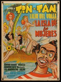 5g084 LA ISLA DE LAS MUJERES Mexican poster '53 Tin-Tan on island with sexy babes by Urzaiz!