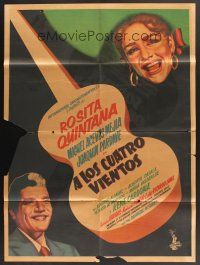 5g024 A LOS CUATRO VIENTOS Mexican poster '55 cool artwork of Rosita Quintana, Mejia & guitar!