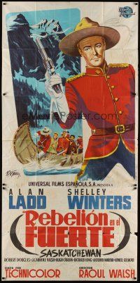 5g004 SASKATCHEWAN Spanish 3sh '54 different artwork of Mountie Alan Ladd with gun!