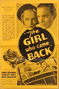 5h333 GIRL WHO CAME BACK pressbook '35 Shirley Grey turns from life of crime to help bust a gang!