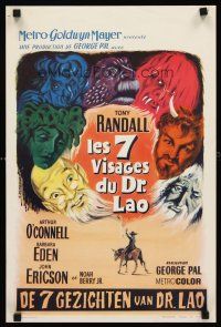 5j331 7 FACES OF DR. LAO Belgian '64 great art of Tony Randall's personalities by Detheux!