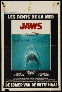 5j399 JAWS Belgian '75 art of Steven Spielberg's classic man-eating shark attacking sexy swimmer!