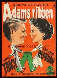 5j479 ADAM'S RIB Danish '50 Gaston art of Spencer Tracy & Katharine Hepburn who are lawyers!
