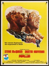 5j586 PAPILLON Danish '74 great art of prisoners Steve McQueen & Dustin Hoffman by Tom Jung!