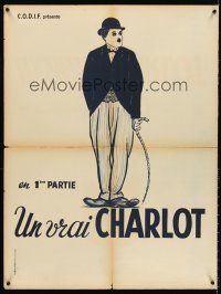 5j769 UN VRAI CHARLOT French 23x32 '40 great classic art of Charlie Chaplin w/cane!