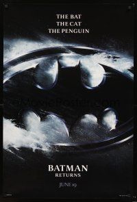 5k065 BATMAN RETURNS teaser 1sh '92 Michael Keaton, Danny DeVito, Michelle Pfeiffer, Tim Burton