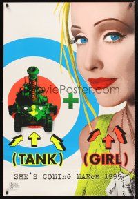 5k719 TANK GIRL teaser 1sh '95 wacky Lori Petty w/bullseye pop-art image!
