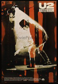 5k760 U2 RATTLE & HUM int'l 1sh '88 image of Irish rockers Bono & The Edge performing on stage!