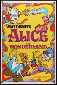 5p047 ALICE IN WONDERLAND 1sh R74 Walt Disney Lewis Carroll classic, cool psychedelic art!