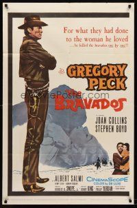 5p123 BRAVADOS 1sh '58 full-length art of cowboy Gregory Peck with gun & sexy Joan Collins!