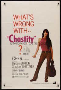 5p171 CHASTITY 1sh '69 AIP, written & produced by Sunny Bono, hitchhiking Cher!
