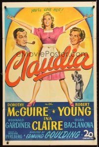 5p182 CLAUDIA 1sh '43 art of full-length Dorothy McGuire, Robert Young & Ina Claire!