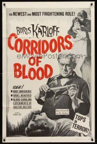 5p191 CORRIDORS OF BLOOD 1sh '63 Boris Karloff, Christopher Lee, blood-curdling experiments!