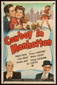 5p197 COWBOY IN MANHATTAN 1sh '43 art of cowgirl Frances Langford, Robert Paige, Leon Errol!