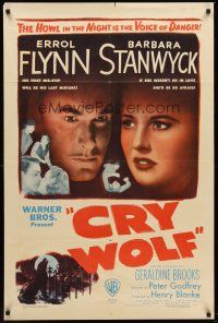 5p203 CRY WOLF 1sh '47 cool close image of Errol Flynn & Barbara Stanwyck!