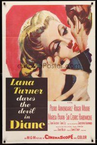 5p240 DIANE 1sh '56 sexy Lana Turner dares the devil, great close up romantic artwork!