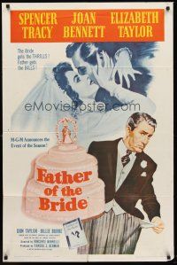 5p320 FATHER OF THE BRIDE 1sh R62 art of Liz Taylor in wedding gown & broke Spencer Tracy!