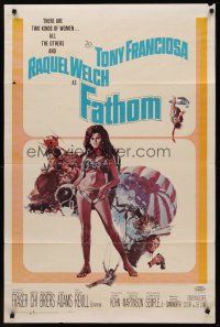 5p322 FATHOM 1sh '67 art of sexy nearly-naked Raquel Welch in parachute harness & action scenes!