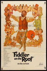 5p326 FIDDLER ON THE ROOF 1sh '72 cool artwork of Topol & cast by Ted CoConis!