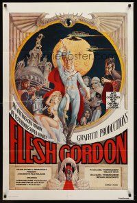 5p341 FLESH GORDON 1sh '74 sexy sci-fi spoof, wacky erotic super hero art by George Barr!