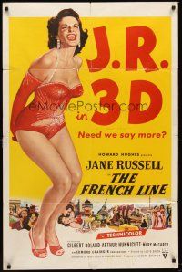 5p359 FRENCH LINE 1sh '54 Howard Hughes, art of sexy Jane Russell in skimpy outfit, 3-D!