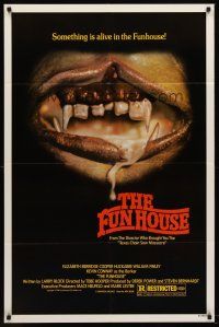 5p369 FUNHOUSE 1sh '81 Tobe Hooper, creepy close up of drooling mouth with nasty teeth!